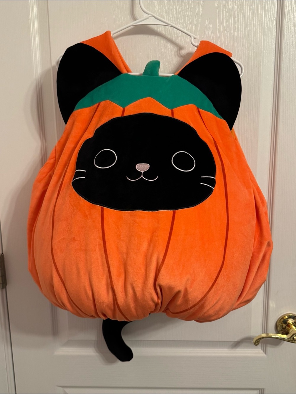 Squishmallows Orange Pumpkin Cat Costume with Black Face and Green Leaf